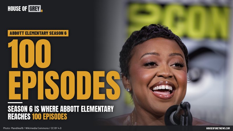 Quinta Brunson smiling as she speaks into a microphone at the Abbott Elementary panel at San Diego Comic-Con in 2025