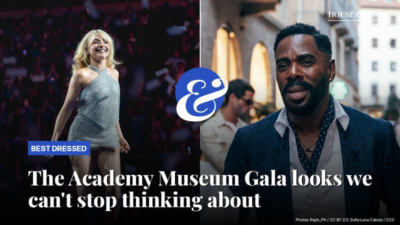 Sabrina Carpenter performing on stage and Colman Domingo smiling in a blue jacket, side by side, with the headline about the Academy Museum Gala's best-dressed stars