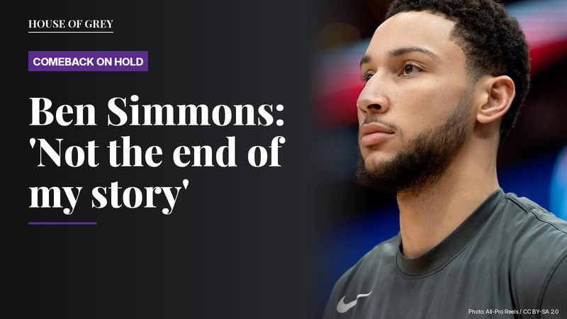 Ben Simmons in a Philadelphia warm-up shirt, beside the headline about his Achilles injury
