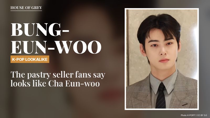 Cha Eun-woo in a grey checked suit at a Seoul store opening, beside the headline about his bungeoppang lookalike