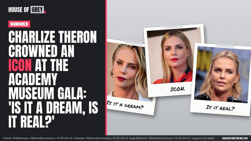 Three snapshot-style photos of Charlize Theron captioned 'Is it a dream?', 'Icon.' and 'Is it real?', beside the headline about her Academy Museum Gala honor