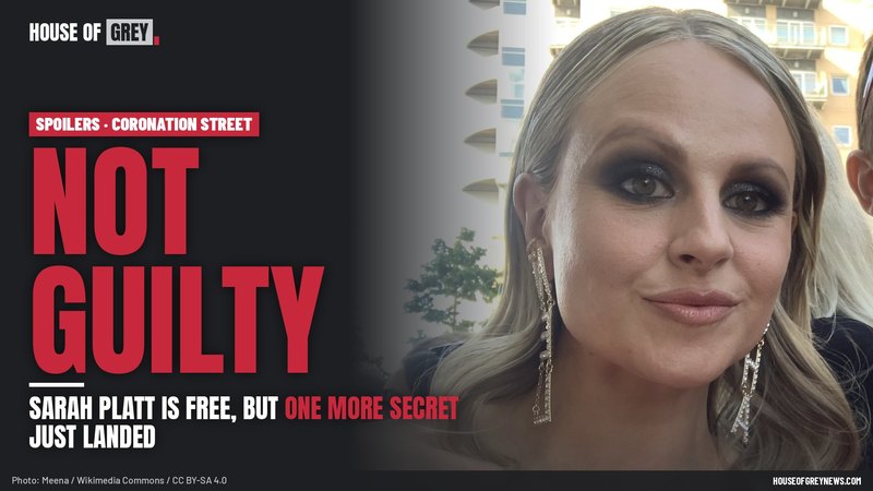 Tina O'Brien, who plays Sarah Platt, at the 2023 British Soap Awards, beside the headline: Not guilty, Sarah Platt is free, but one more secret just landed