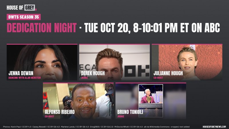 Grid of photos of Jenna Dewan, Derek Hough, Julianne Hough, Alfonso Ribeiro and Bruno Tonioli under the headline 'Dedication Night, Tue Oct 20, 8-10:01 PM ET on ABC'