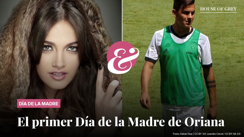 A la izquierda, Oriana Sabatini en un retrato con abrigo de piel sintética; a la derecha, Paulo Dybala con peto verde durante un calentamiento