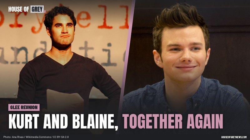 Darren Criss holding papers on a stage beside a photo of a smiling Chris Colfer
