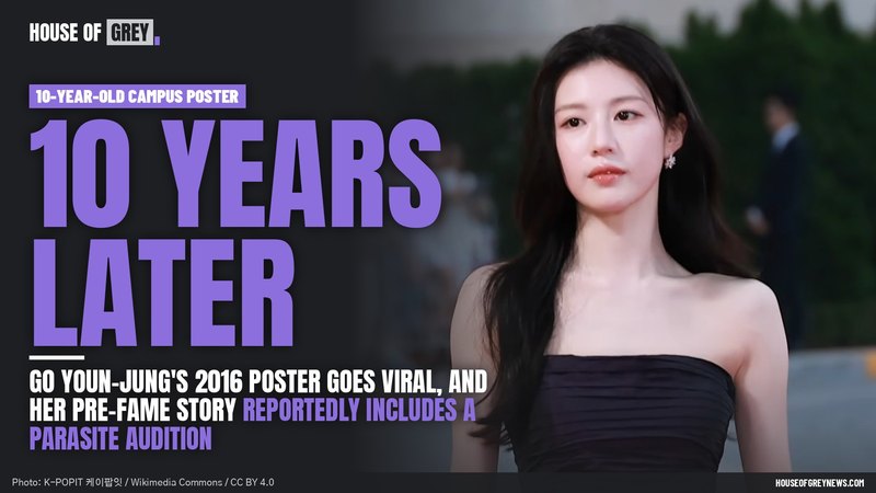 Go Youn-jung in a strapless black dress on the Blue Dragon Series Awards red carpet, beside the headline: 10 years later, her 2016 poster goes viral