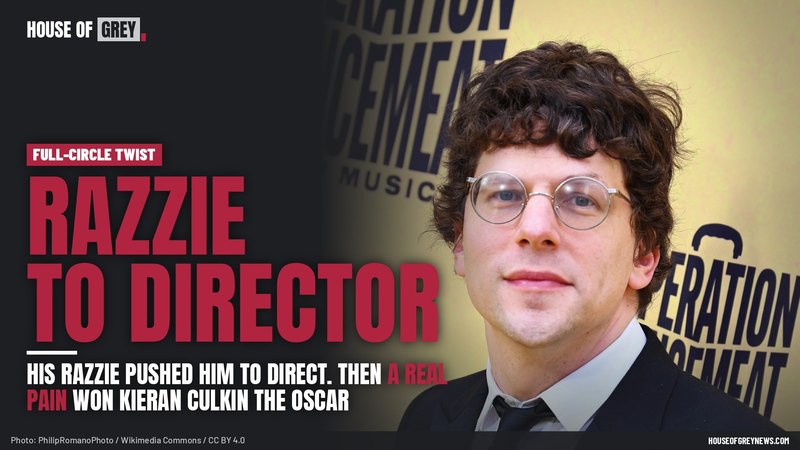 Jesse Eisenberg in round glasses and a black suit at the Broadway opening of Operation Mincemeat in 2025