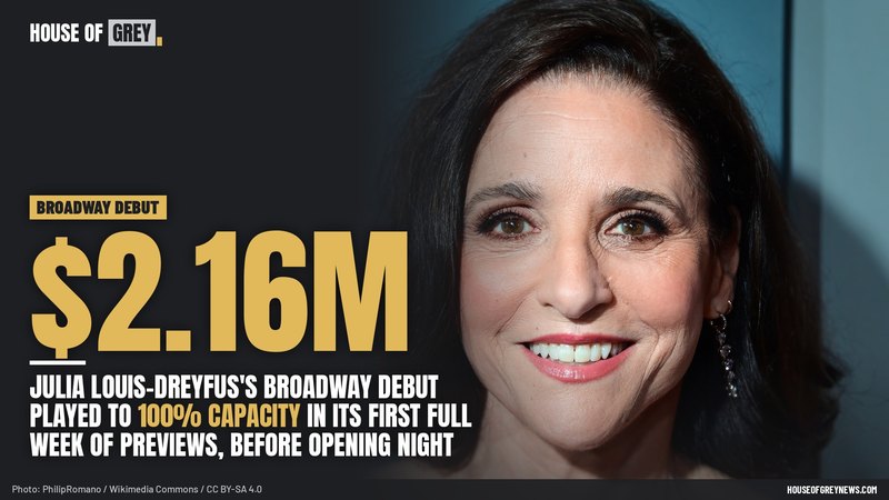 Julia Louis-Dreyfus smiling with dark shoulder-length hair at the opening night of Other Desert Cities on Broadway in 2026