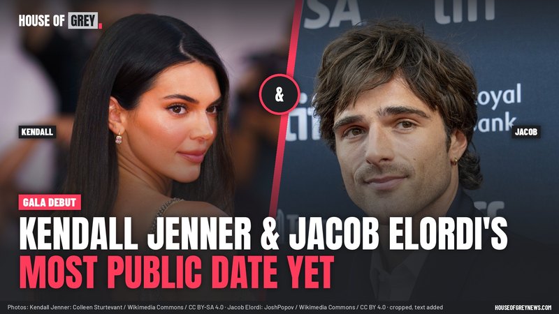 Kendall Jenner and Jacob Elordi side by side on red carpets, with the headline 'Kendall Jenner & Jacob Elordi's most public date yet'