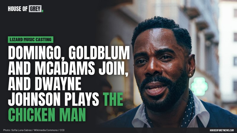 Colman Domingo in a navy jacket and polka-dot scarf, beside the headline: Domingo, Goldblum and McAdams join, and Dwayne Johnson plays the Chicken Man