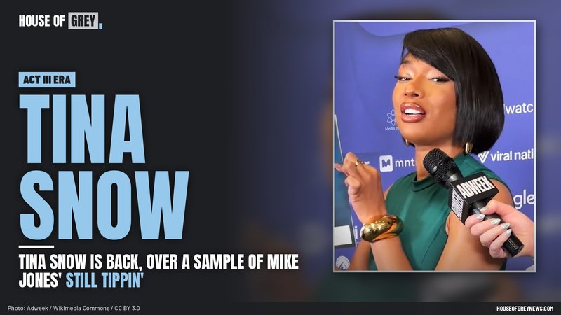 Megan Thee Stallion with a sleek black bob and a green top, speaking into an Adweek microphone in 2024