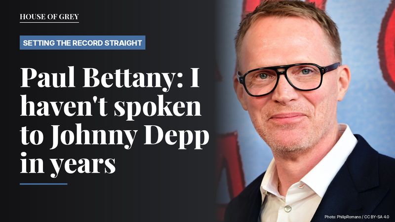 Paul Bettany in glasses and a dark suit at the 2026 Lincoln Center Theater Gala, beside the headline about Johnny Depp