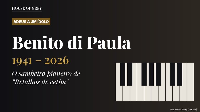 Arte tipográfica com teclas de piano e o texto: Benito di Paula, 1941 – 2026, o sambeiro pianeiro de Retalhos de cetim