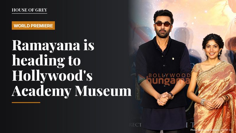 Ranbir Kapoor in sunglasses and Sai Pallavi in a saree at a Ramayana event, beside the headline about the LA world premiere