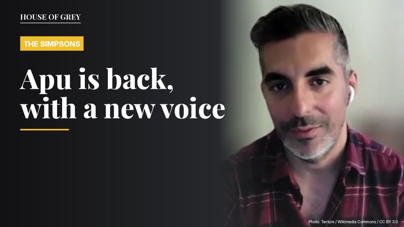 Actor Sunil Malhotra in a plaid shirt, beside the headline about Apu's return to The Simpsons