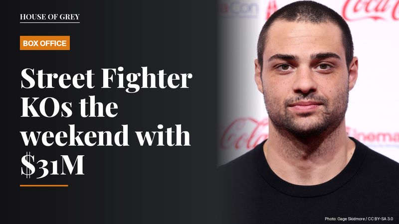 Noah Centineo in a black T-shirt at CinemaCon 2026, beside the headline about Street Fighter's box office win