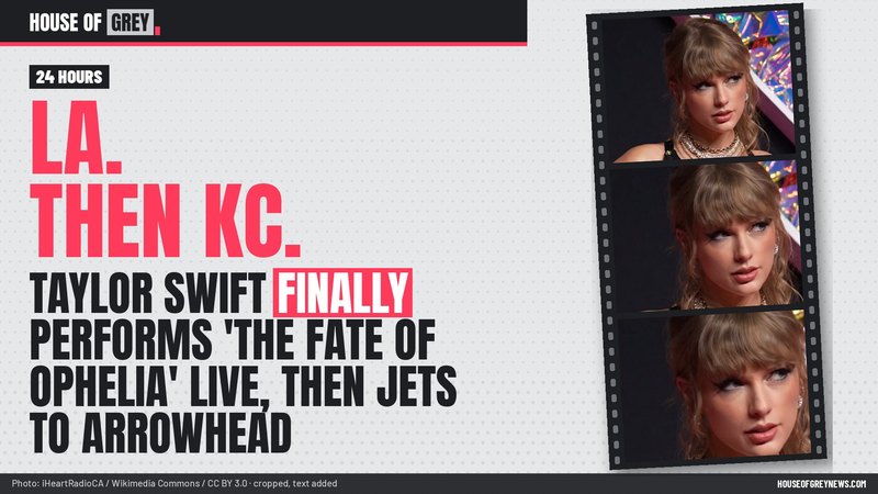 A film strip of three photos of Taylor Swift at the 2023 MTV VMAs, beside red type reading 'LA. THEN KC.'