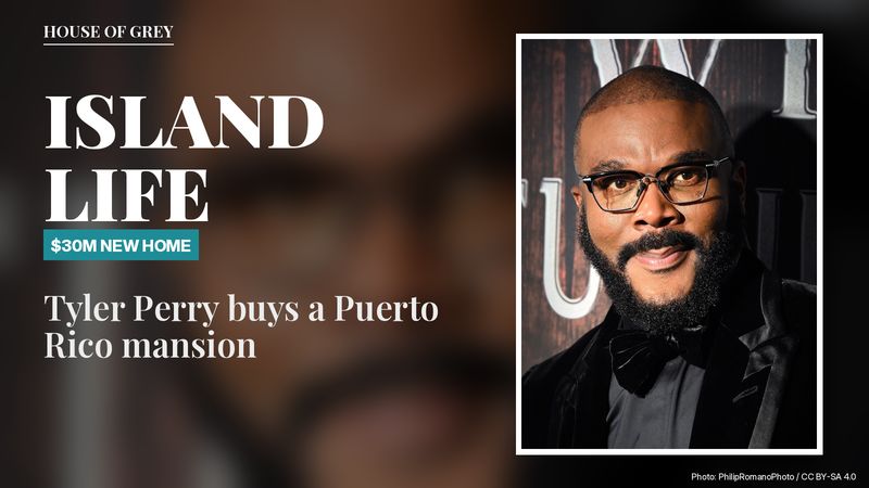Tyler Perry in glasses and a velvet tuxedo at a Broadway opening night, with the words 'ISLAND LIFE'