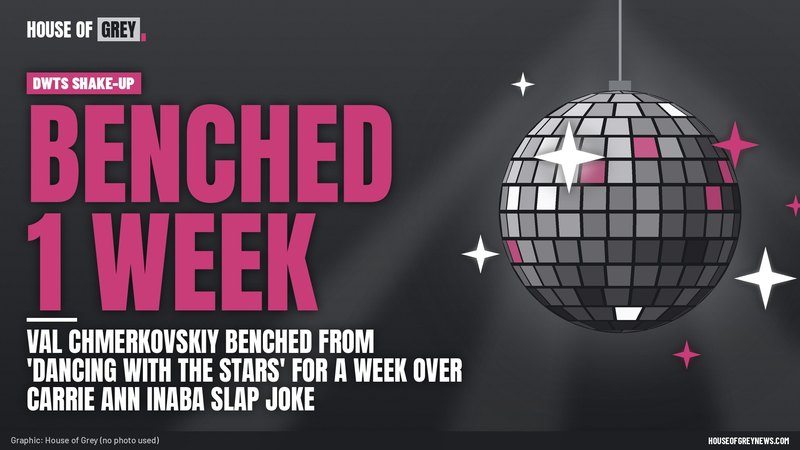 Type-only graphic with a mirrorball and pink type reading 'BENCHED 1 WEEK' above the headline about Val Chmerkovskiy's DWTS suspension