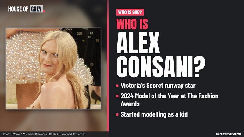 Alex Consani smiling over her shoulder at the 2026 Met Gala, beside the headline 'Who is Alex Consani?' and three facts about her