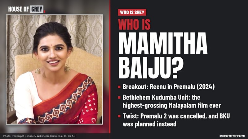 Mamitha Baiju smiling in a white blouse and red sari during an interview in 2024