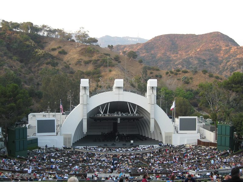 The Hollywood Bowl band shell and crowd seen from the hills