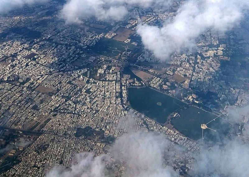Aerial view of Jamnagar city around Lakhota Lake